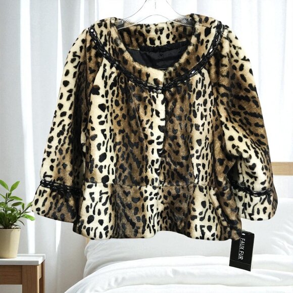 Terry Lewis Faux Fur Cropped Jacket Leopard Print Beaded and Lace Detail  NEW L - Picture 1 of 15